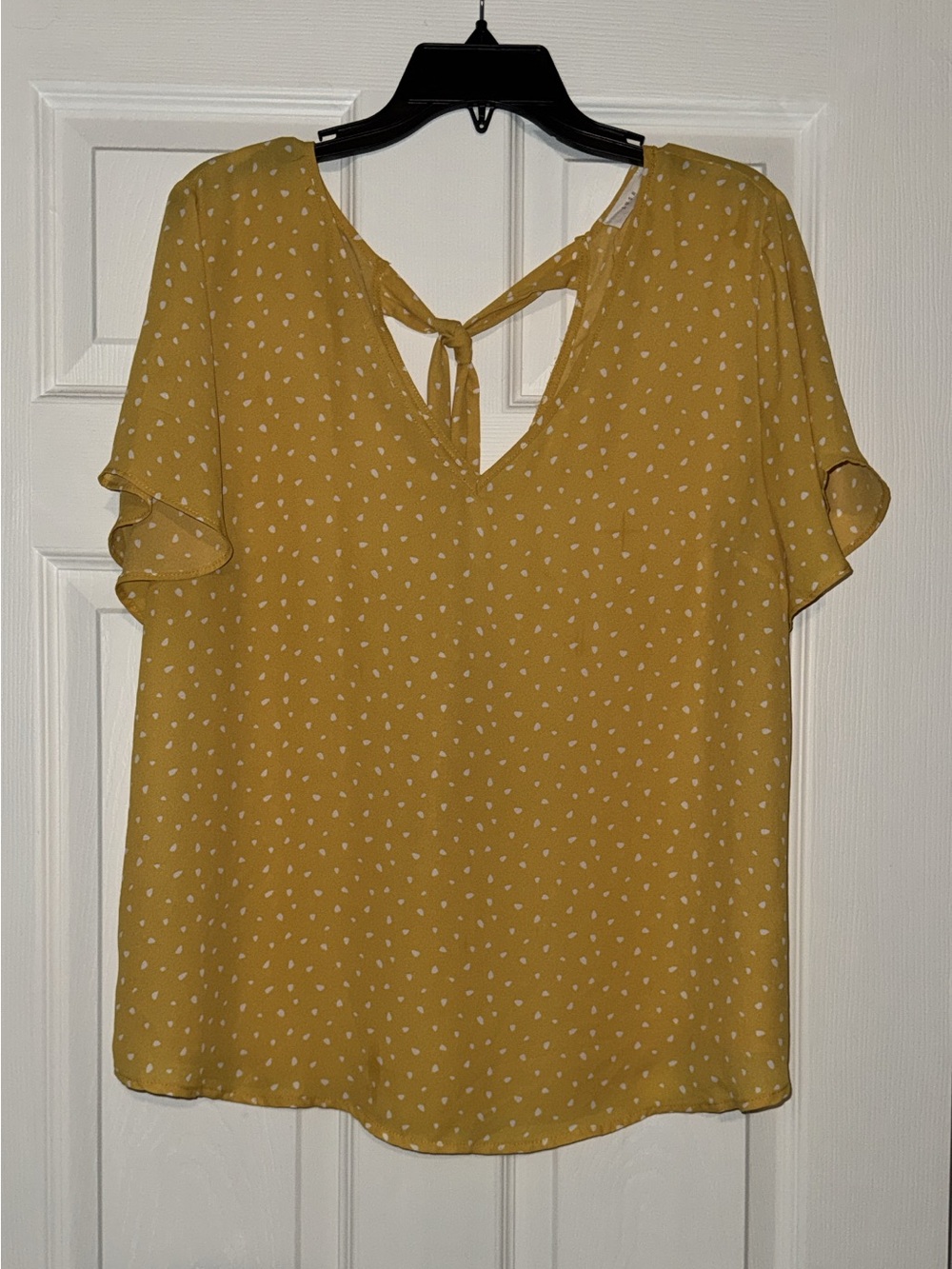 Lush Mustard Dot V-Neck Tie-Back Blouse